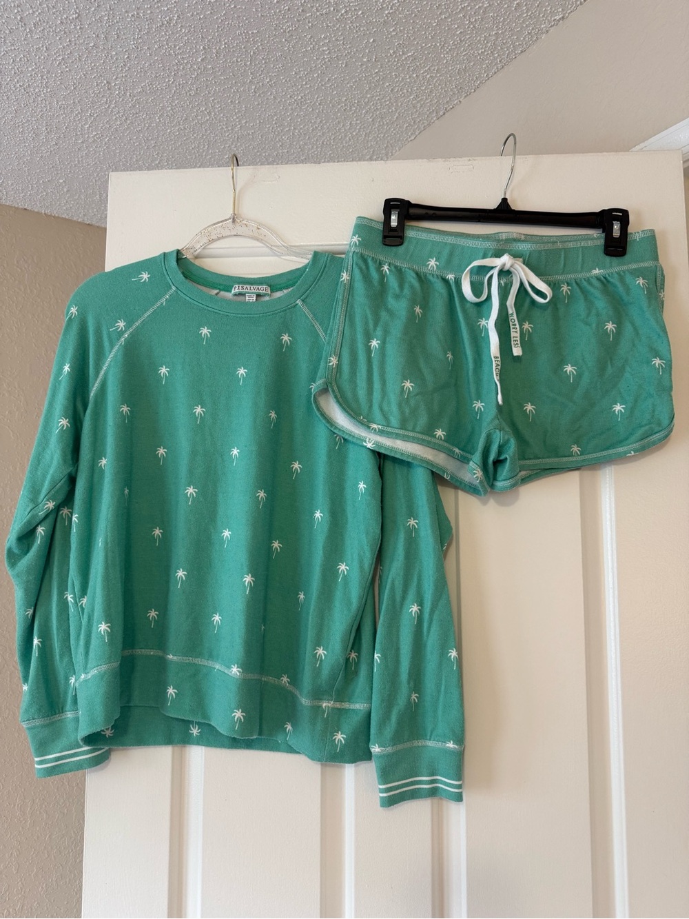 PJ Salvage Teal Long Sleeve Palm Tree Top & Shorts Set “Worry less, beach more”
